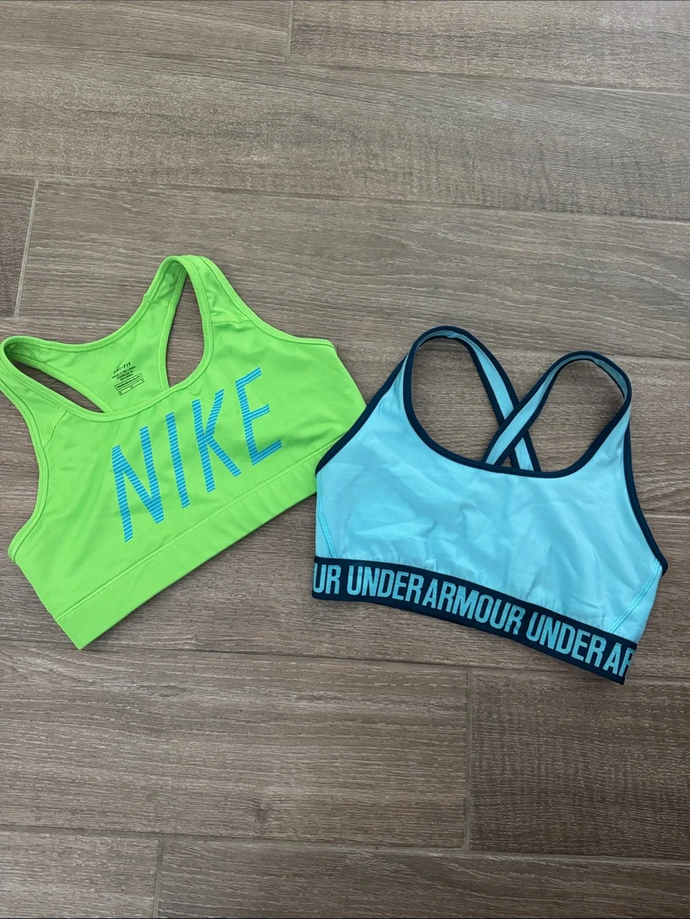 Set of 2!! Nike Neon Green and Under Armour Blue sports bras!🩷